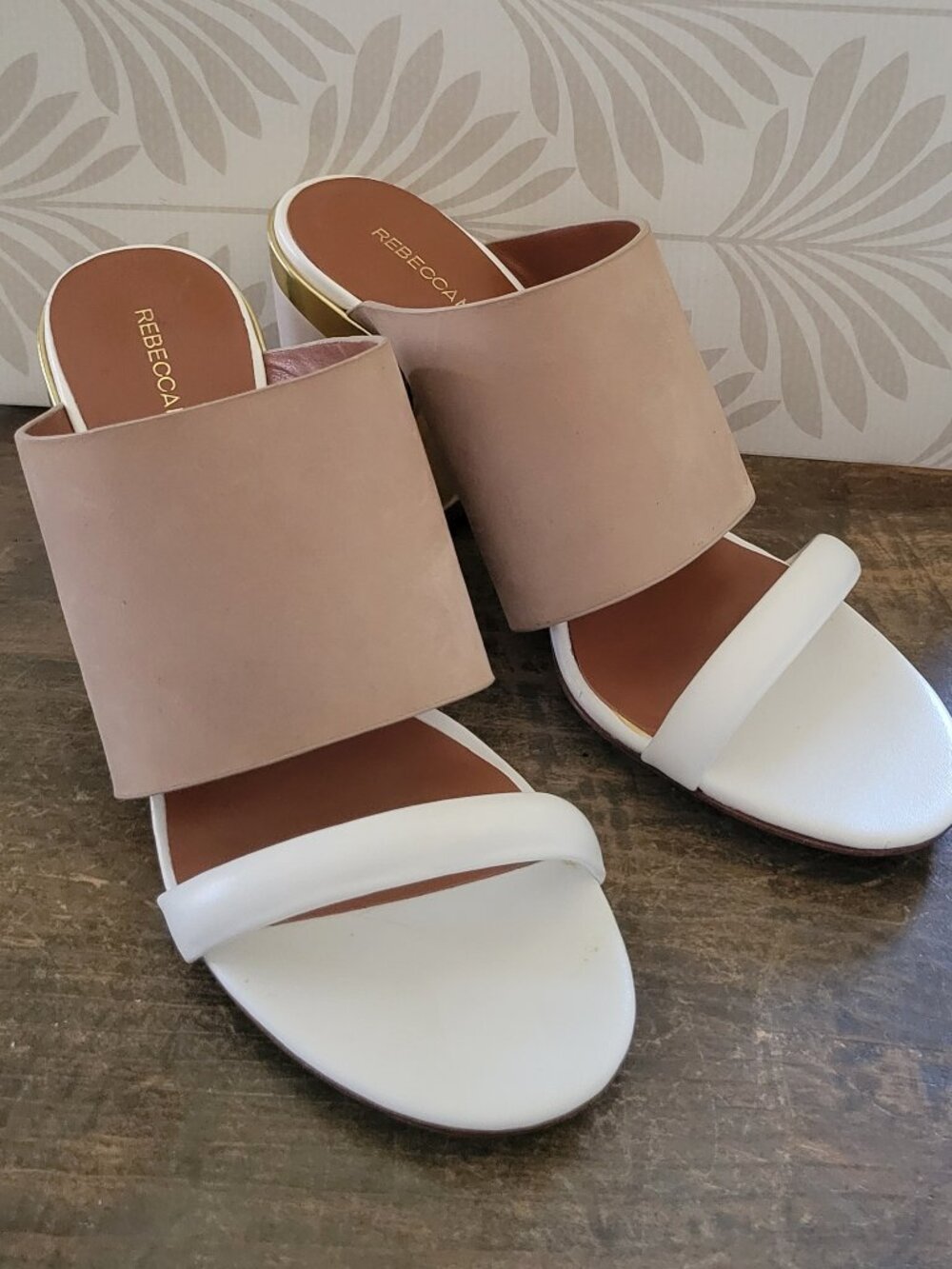 Rebecca Minkoff Lilibet Two Tone Leather Block Heel Sandals White Tan Gold 8.5